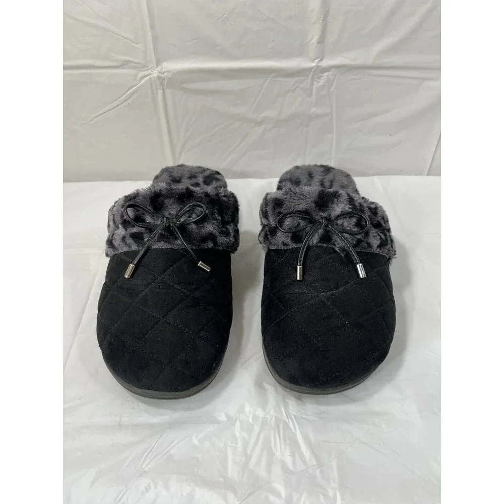 Vionic Womens Pleasant Mule Slipper Black Faux Fur Lined Orthopedic Quilted 8